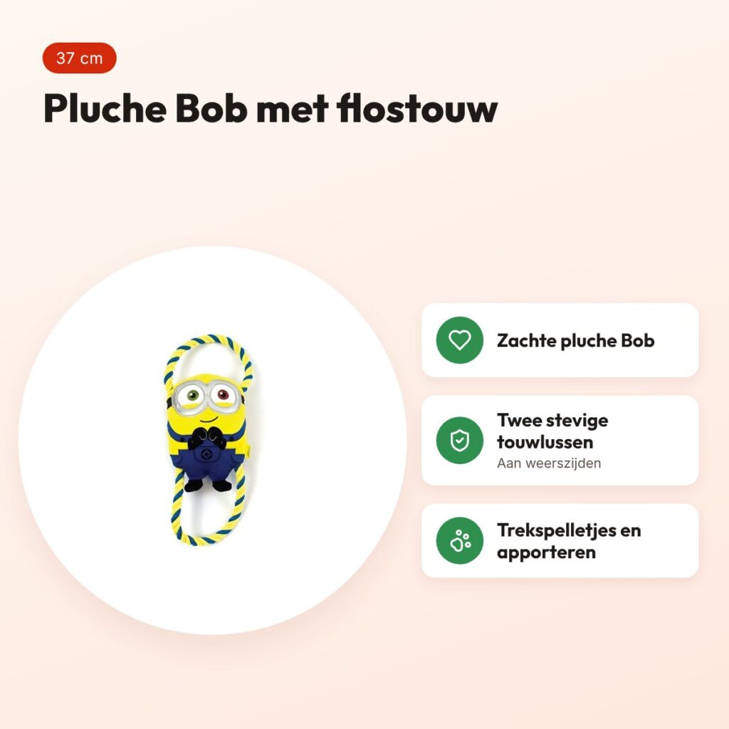 Minions hondenspeeltje Bob 37 cm – pluche met flostouw – voordelen
