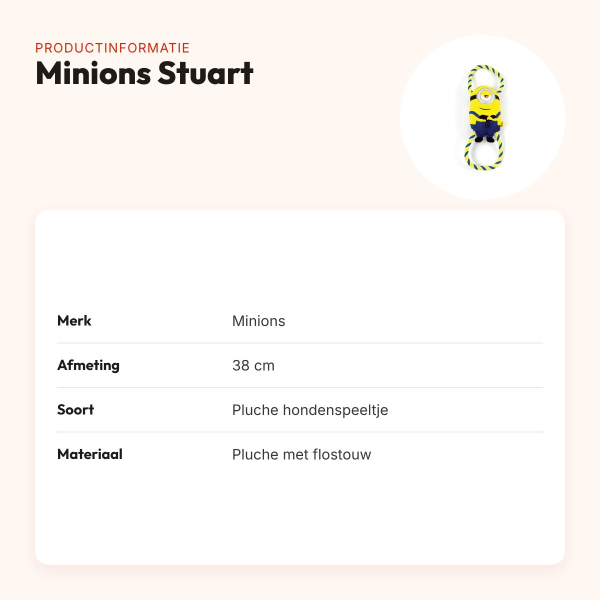 Minions hondenspeeltje Stuart 38 cm – pluche met flostouw – productinformatie