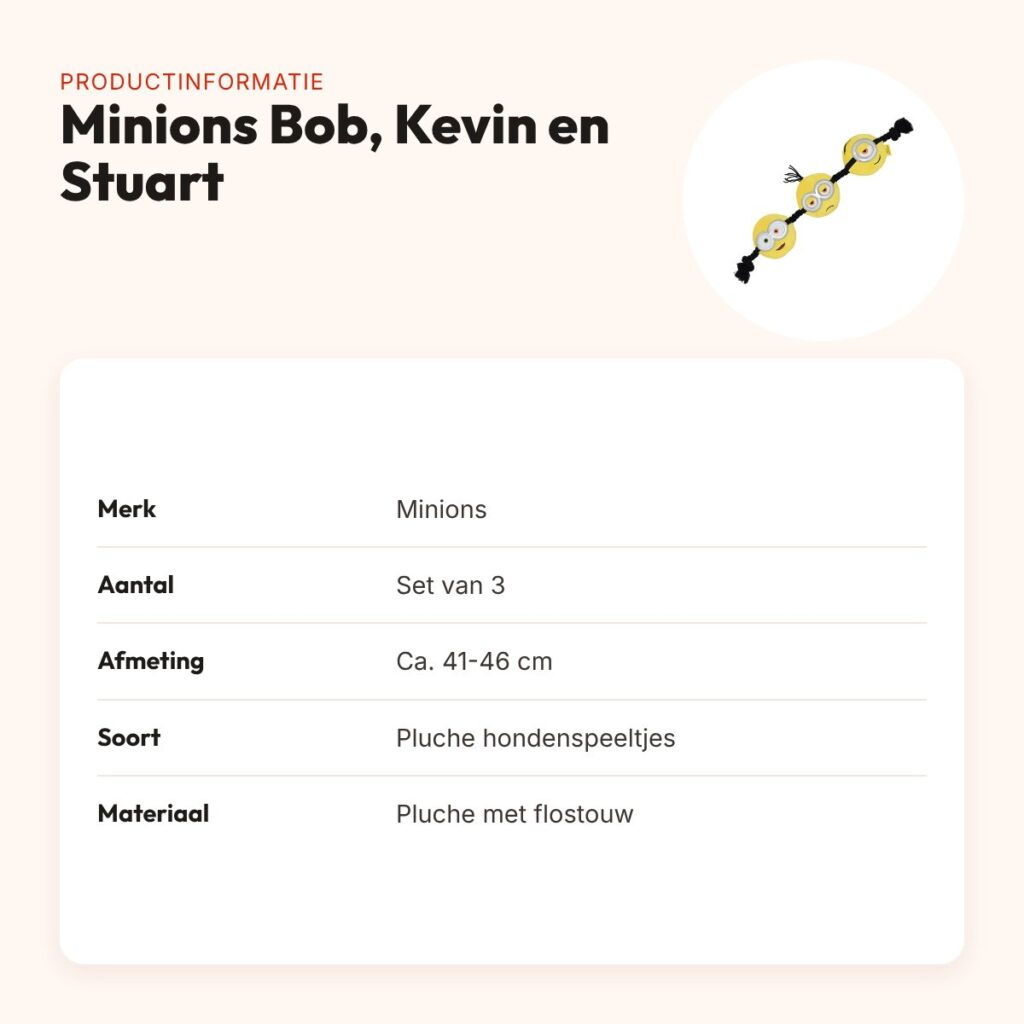 Minions hondenspeeltjes Bob, Kevin en Stuart – pluche, flostouw, 42 cm – productinformatie
