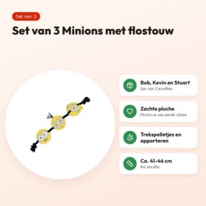 Minions hondenspeeltjes Bob, Kevin en Stuart – pluche, flostouw, 42 cm – voordelen