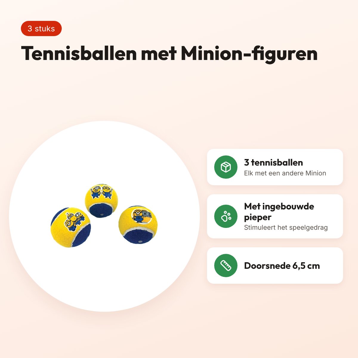 Minions tennisballen hond met pieper geel/blauw 6,5 cm – 3 stuks – voordelen