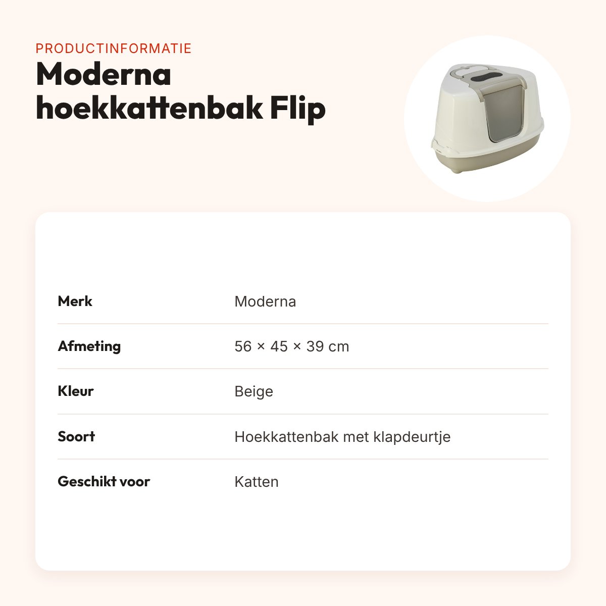 Moderna hoekkattenbak Flip beige 56 x 45 x 39 cm – met klapdeurtje – productinformatie