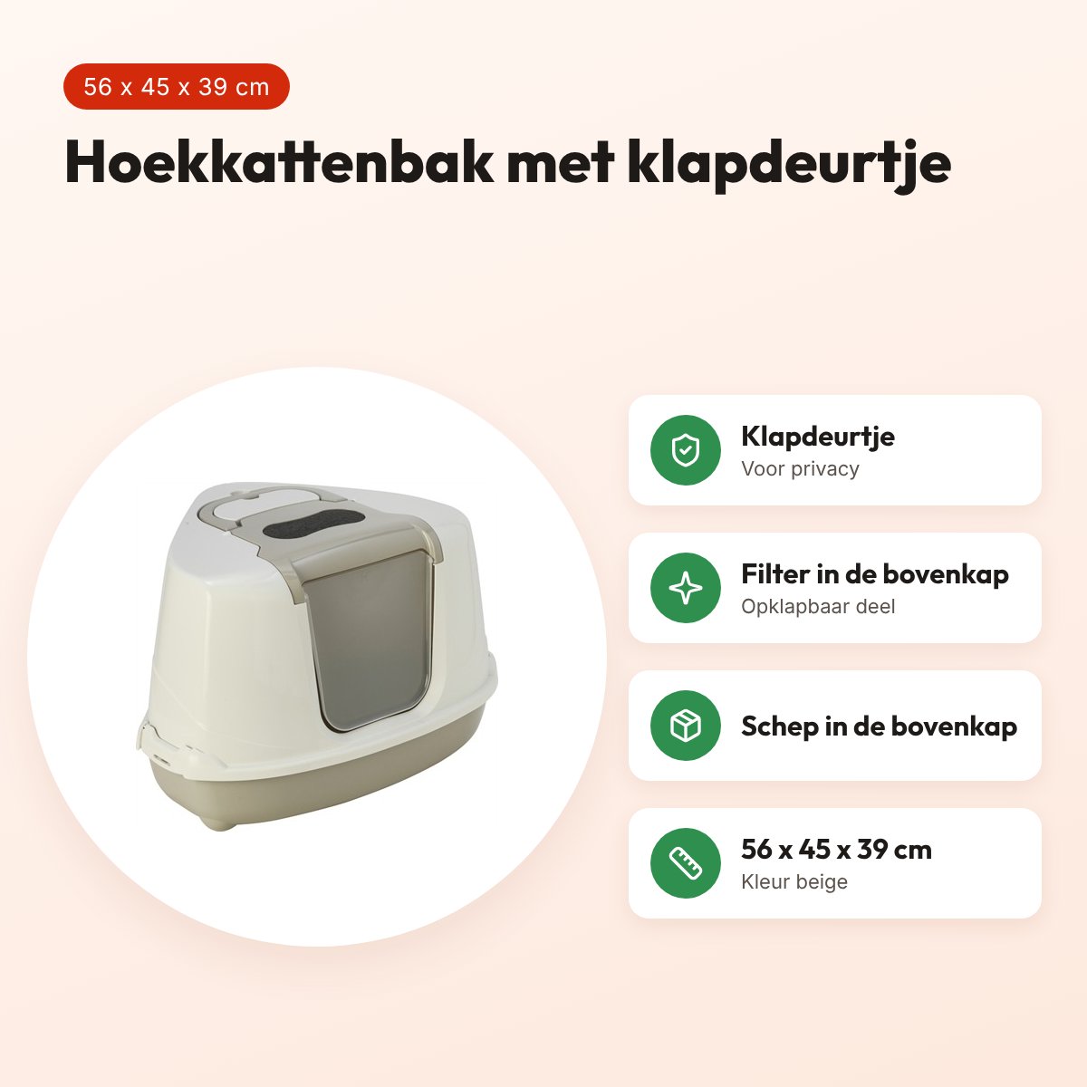 Moderna hoekkattenbak Flip beige 56 x 45 x 39 cm – met klapdeurtje – voordelen