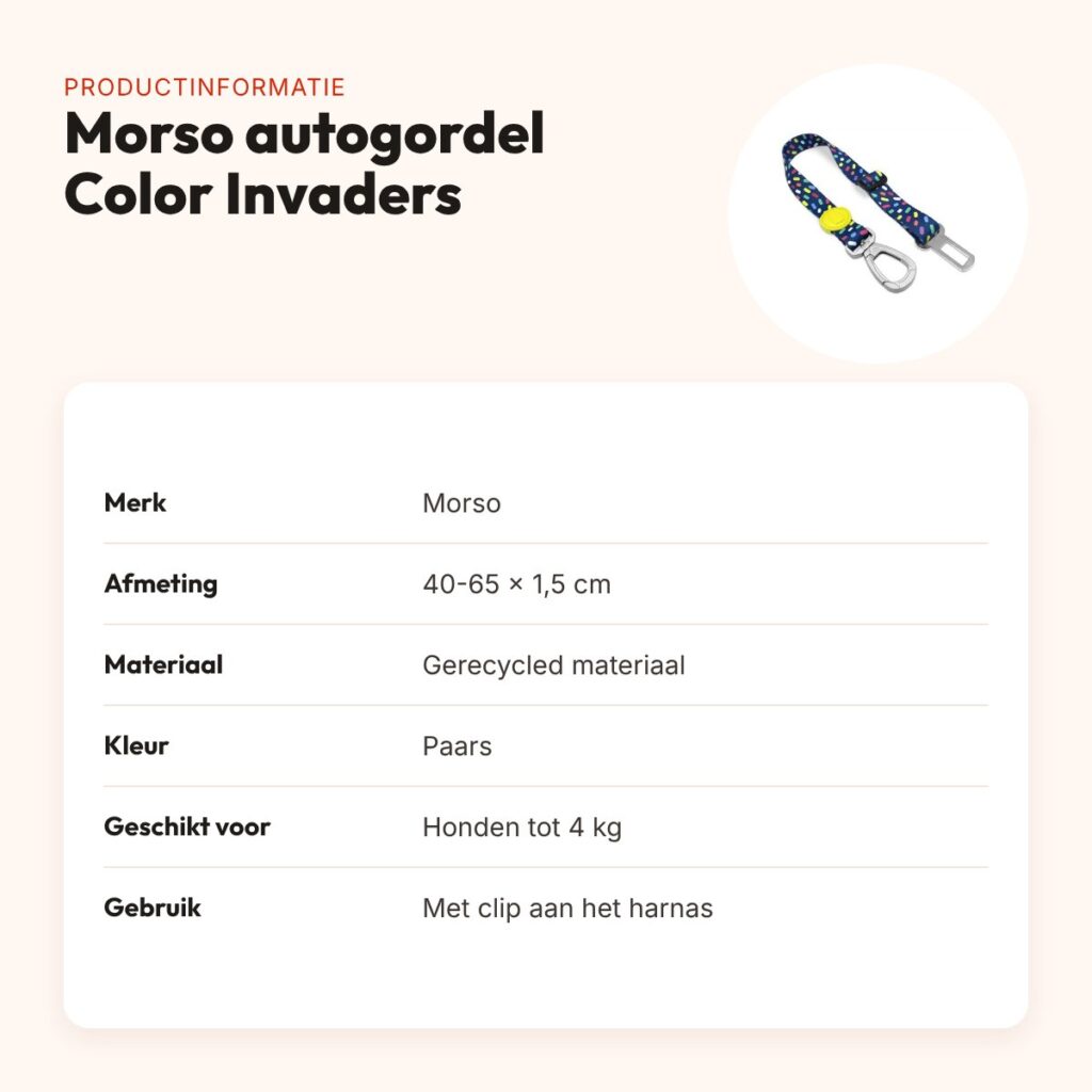 Morso autogordel hond Color Invaders paars 40-65 x 1,5 cm – tot 4 kg – productinformatie
