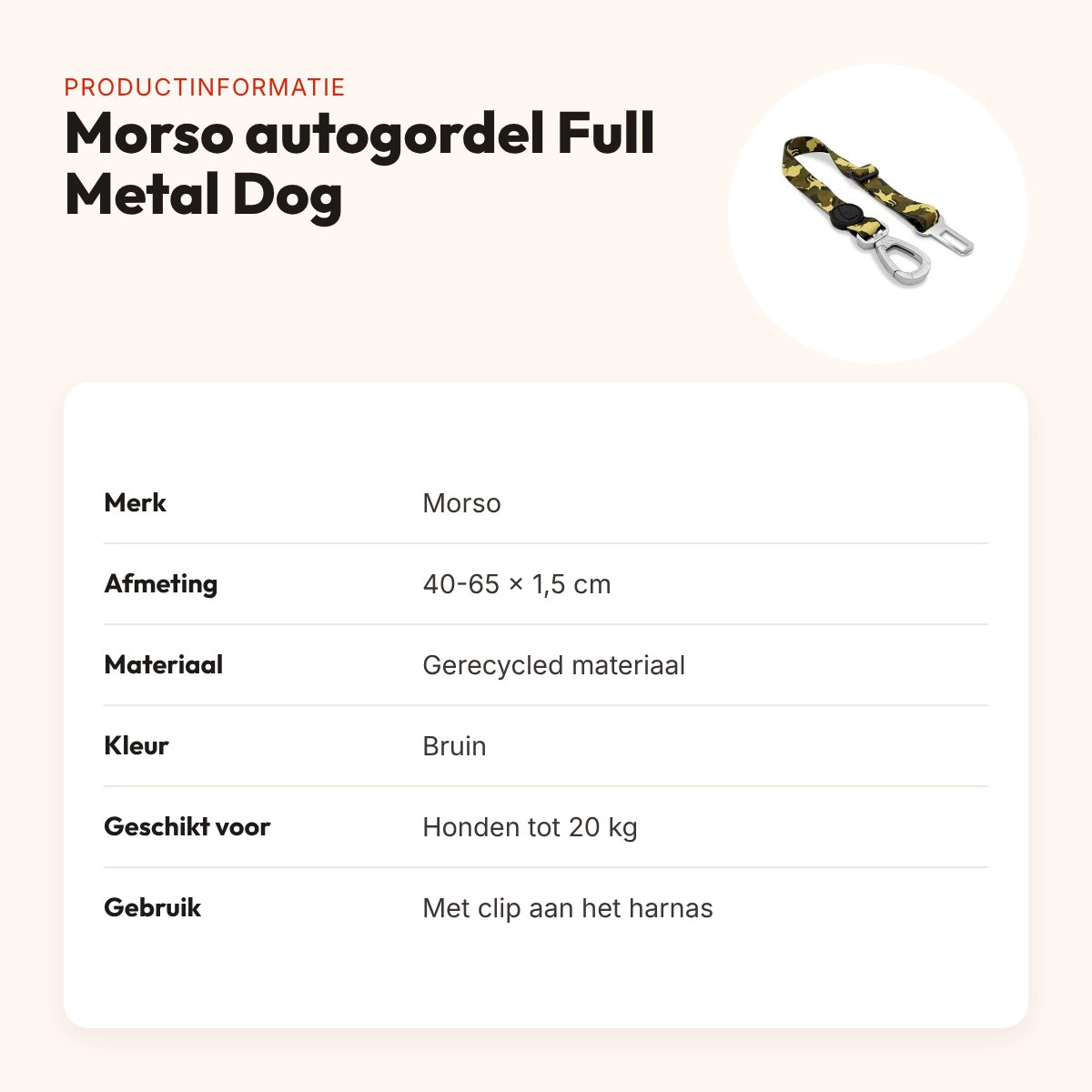 Morso autogordel hond Full Metal Dog bruin 40-65 x 1,5 cm – tot 20 kg – productinformatie