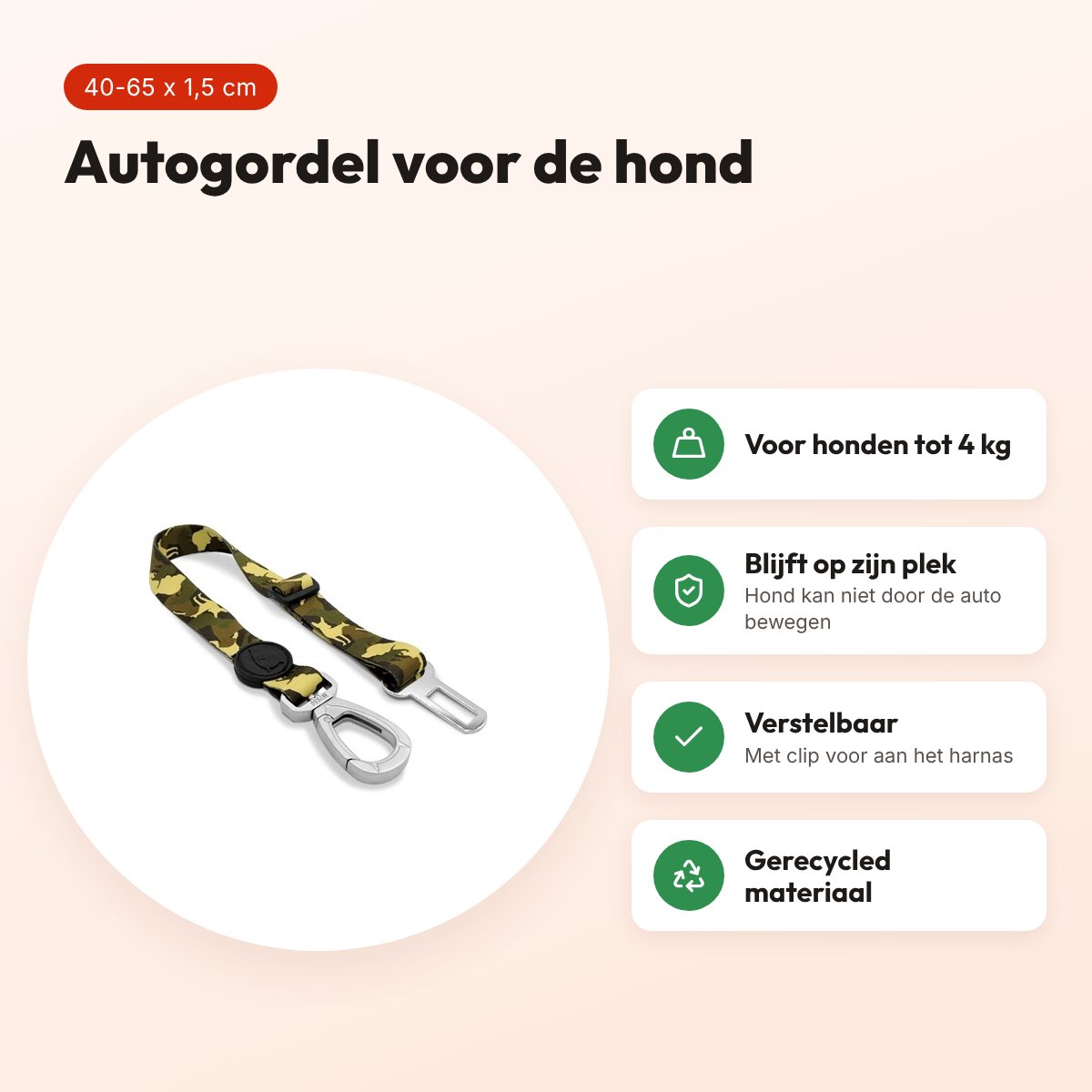 Morso autogordel hond Full Metal Dog bruin 40-65 x 1,5 cm – tot 4 kg – voordelen