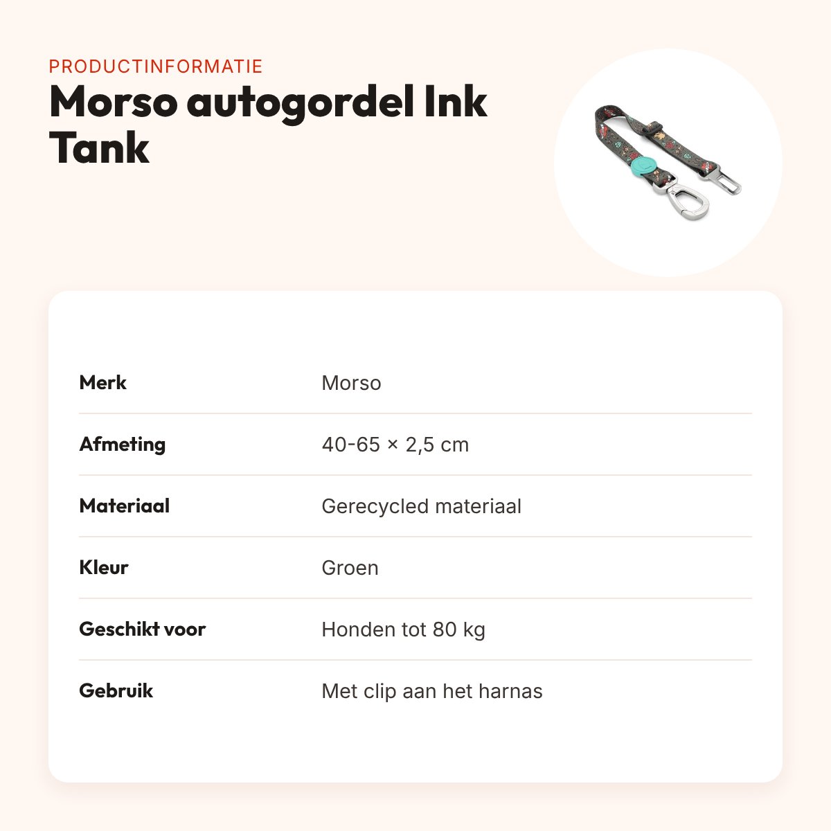 Morso autogordel hond Ink Tank groen 40-65 x 2,5 cm – gerecycled, tot 80 kg – productinformatie