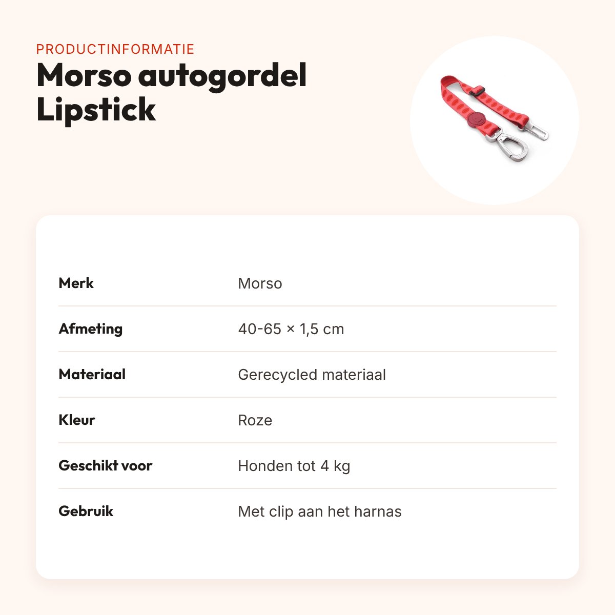 Morso autogordel hond Lipstick roze 40-65 x 1,5 cm – gerecycled, tot 4 kg – productinformatie