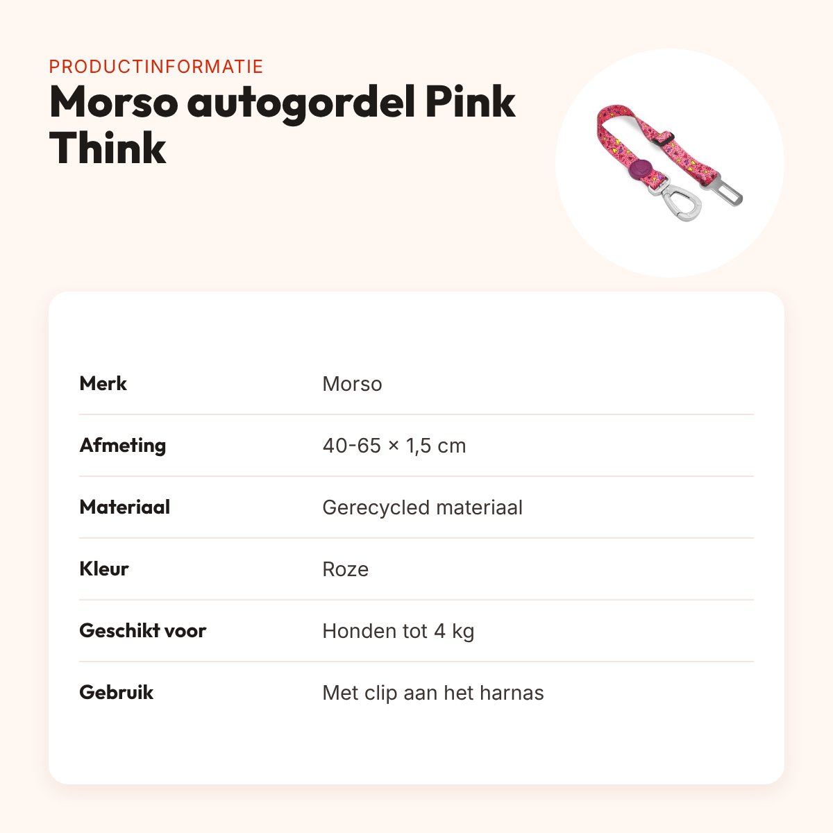 Morso autogordel hond Pink Think roze 40-65 x 1,5 cm – gerecycled, tot 4 kg – productinformatie