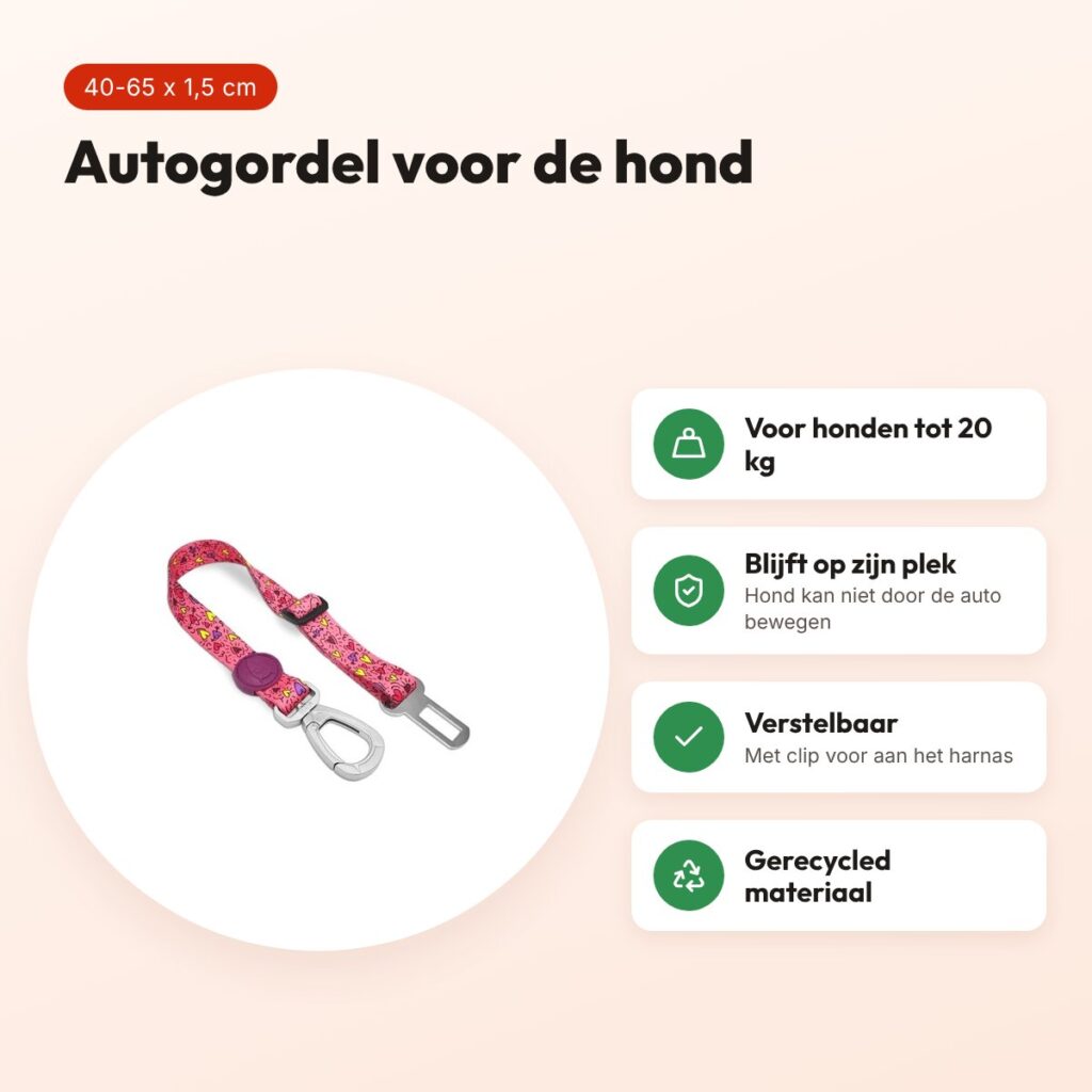 Morso autogordel hond Pink Think roze 40-65 x 1,5 cm – tot 20 kg – voordelen