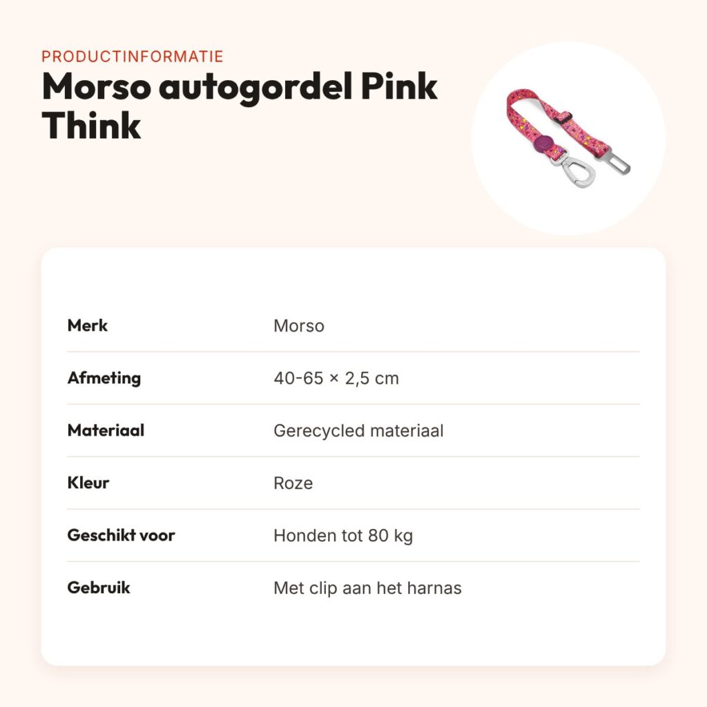 Morso autogordel hond Pink Think roze 40-65 x 2,5 cm – tot 80 kg – productinformatie