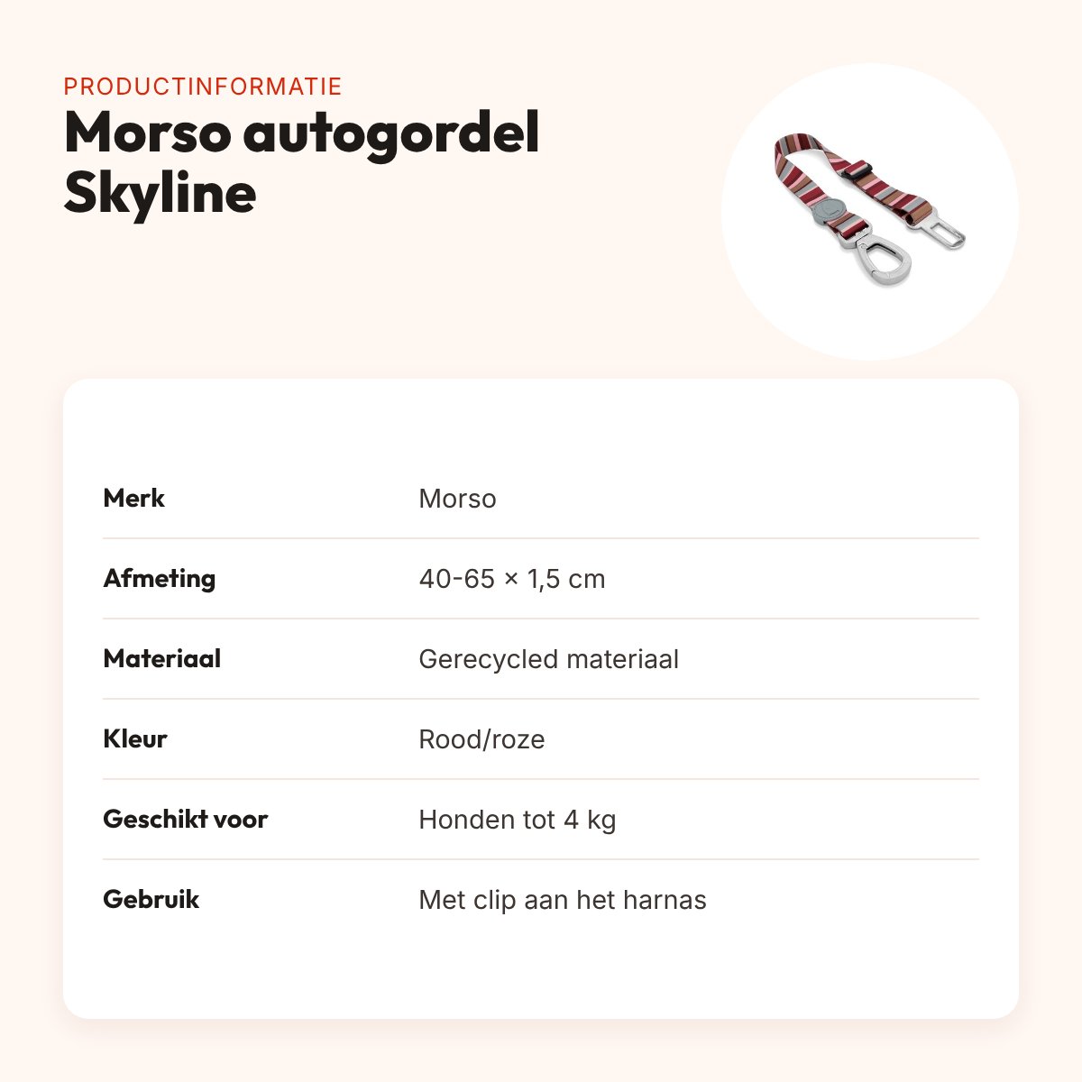 Morso autogordel hond Skyline rood/roze 40-65 x 1,5 cm – tot 4 kg – productinformatie