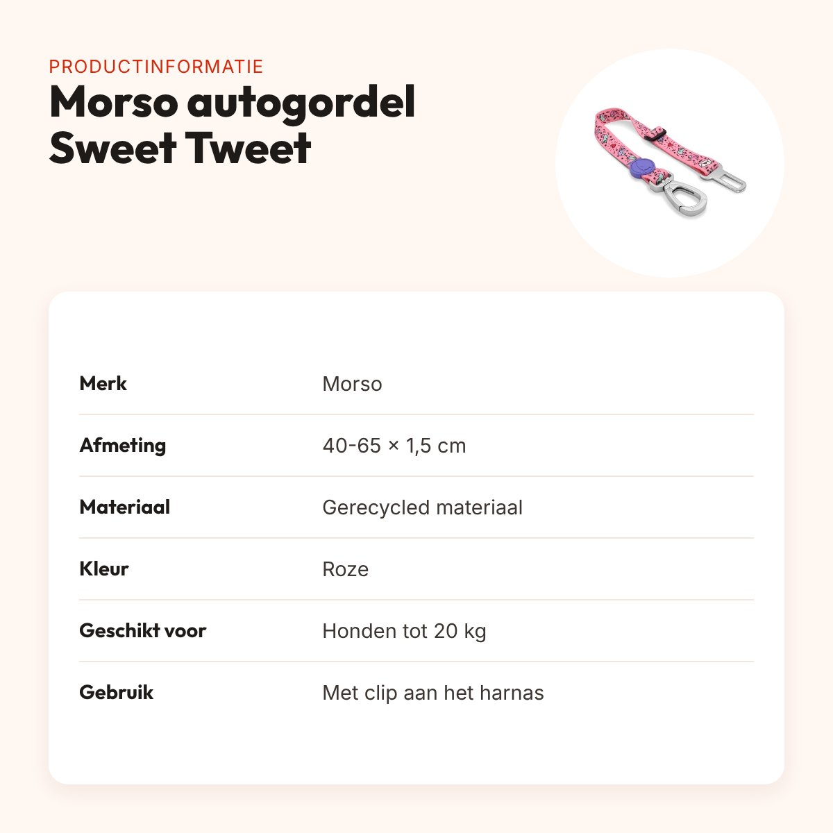 Morso autogordel hond Sweet Tweet roze 40-65 x 1,5 cm – tot 20 kg – productinformatie