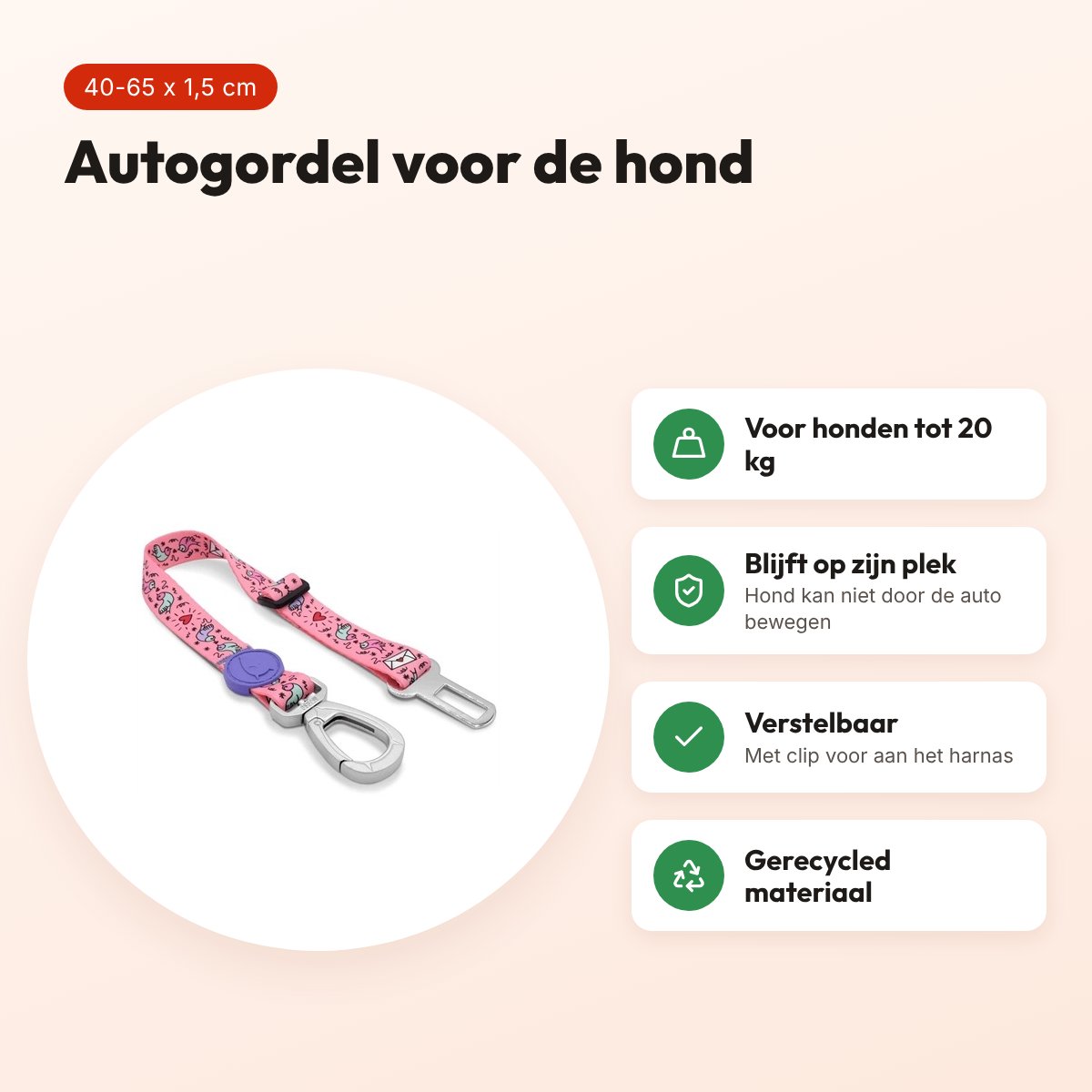 Morso autogordel hond Sweet Tweet roze 40-65 x 1,5 cm – tot 20 kg – voordelen