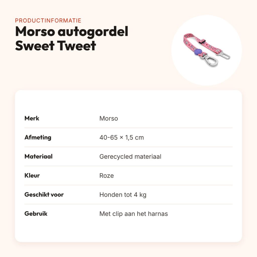 Morso autogordel hond Sweet Tweet roze 40-65 x 1,5 cm – tot 4 kg – productinformatie