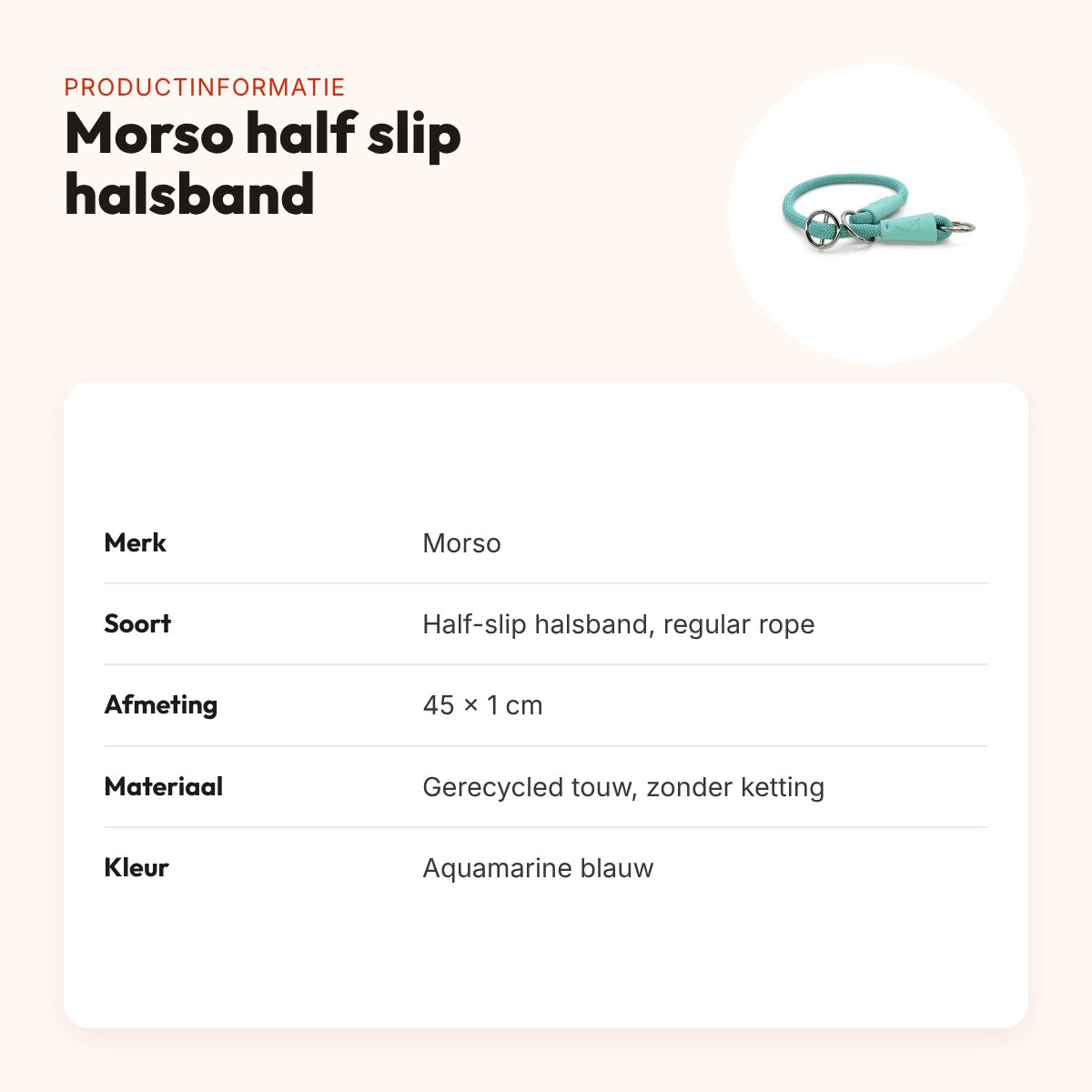Morso half slip halsband gerecycled aquamarine blauw 45 cm – regular rope – productinformatie