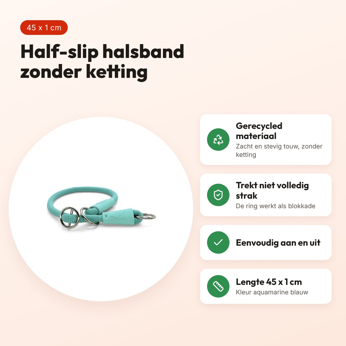 Morso half slip halsband gerecycled aquamarine blauw 45 cm – regular rope – voordelen