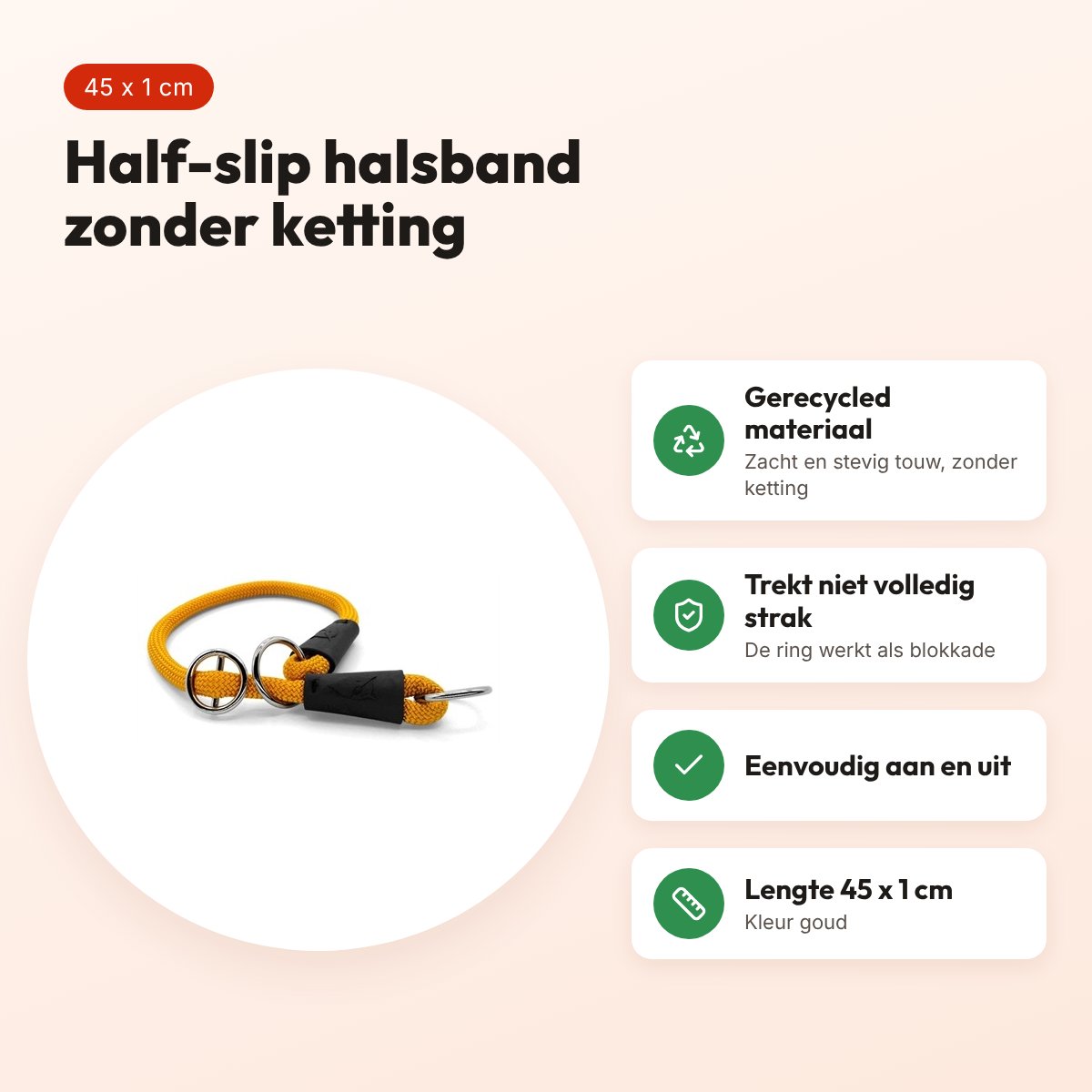 Morso half slip halsband gerecycled goud 45 cm – regular rope – voordelen