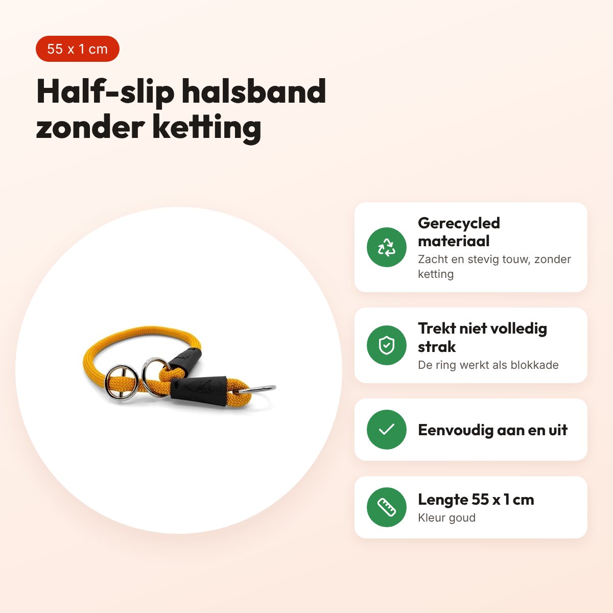 Morso half slip halsband gerecycled goud 55 cm – regular rope – voordelen