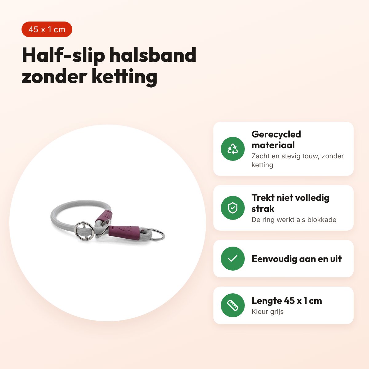 Morso half slip halsband gerecycled grijs 45 cm – soft rope – voordelen