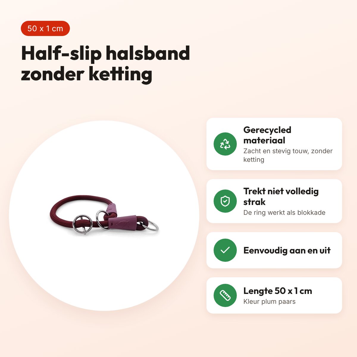 Morso half slip halsband gerecycled plum paars 50 cm – soft rope – voordelen