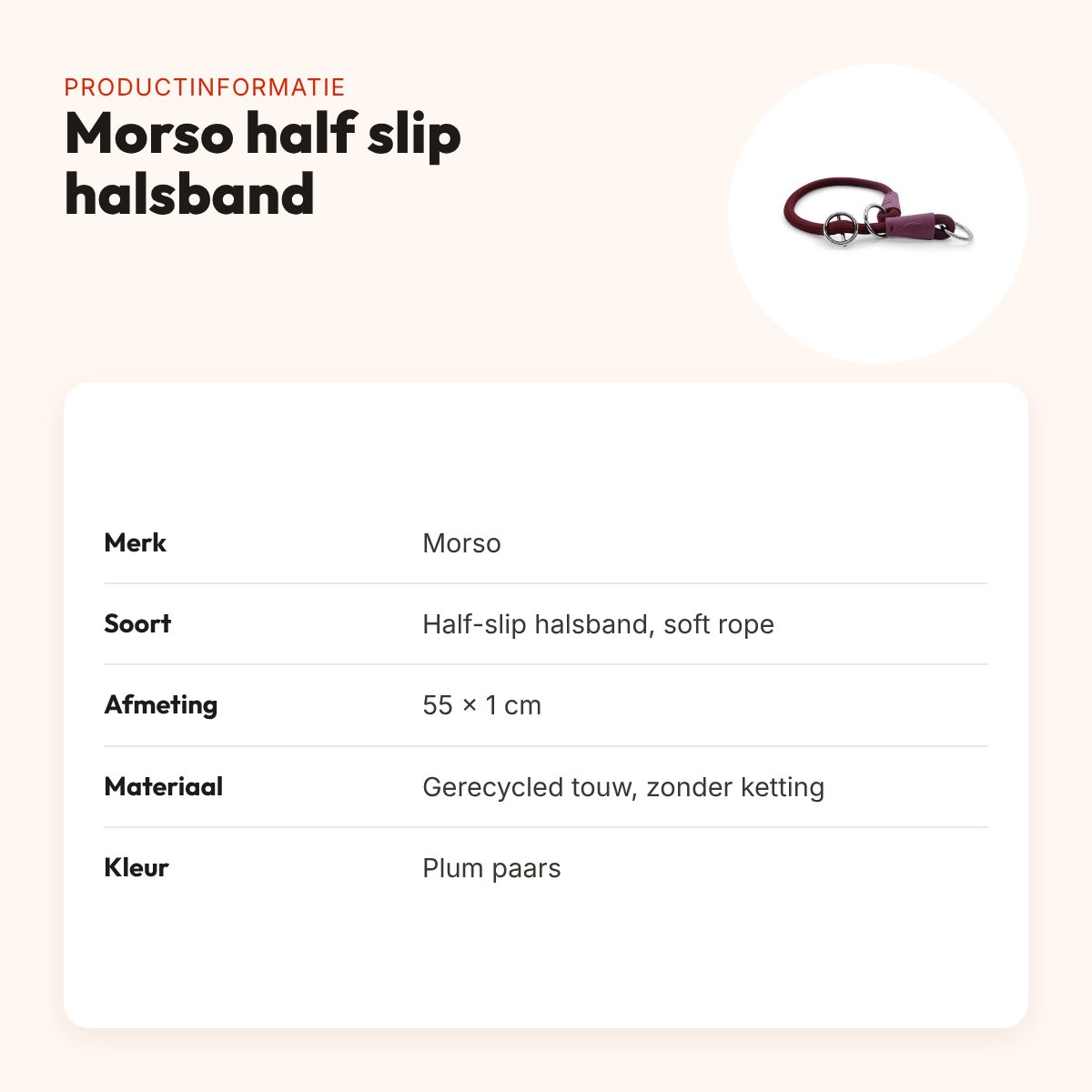 Morso half slip halsband gerecycled plum paars 55 cm – soft rope – productinformatie