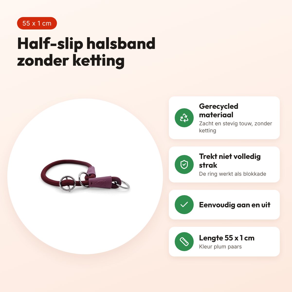 Morso half slip halsband gerecycled plum paars 55 cm – soft rope – voordelen