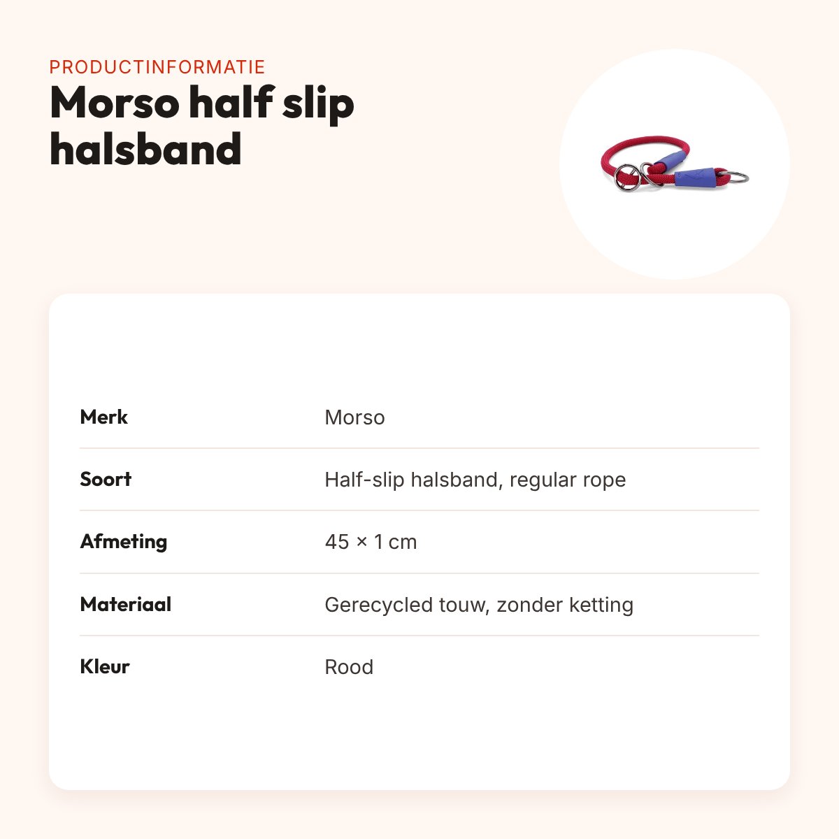 Morso half slip halsband gerecycled rood 45 cm – regular rope – productinformatie
