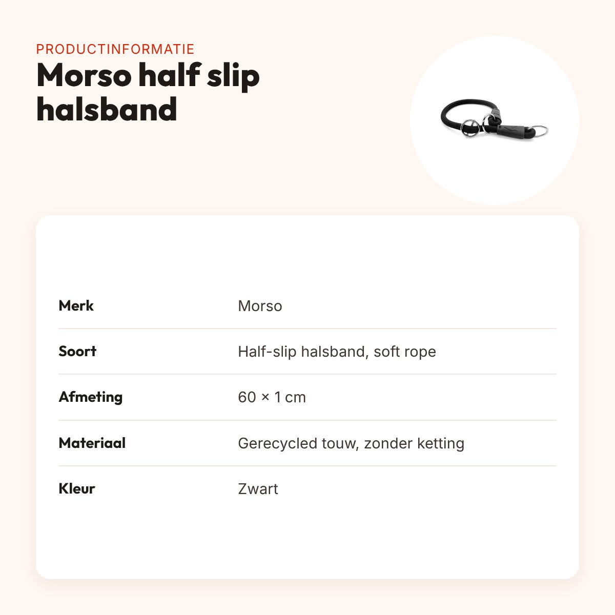 Morso half slip halsband gerecycled zwart 60 cm – soft rope – productinformatie
