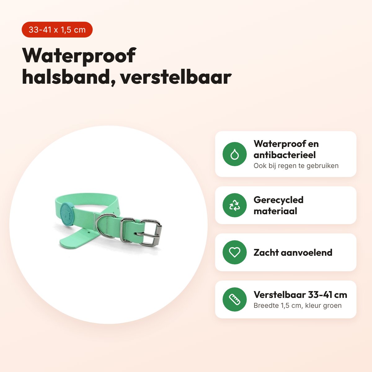 Morso halsband hond waterproof gerecycled groen 33-41 x 1,5 cm – voordelen