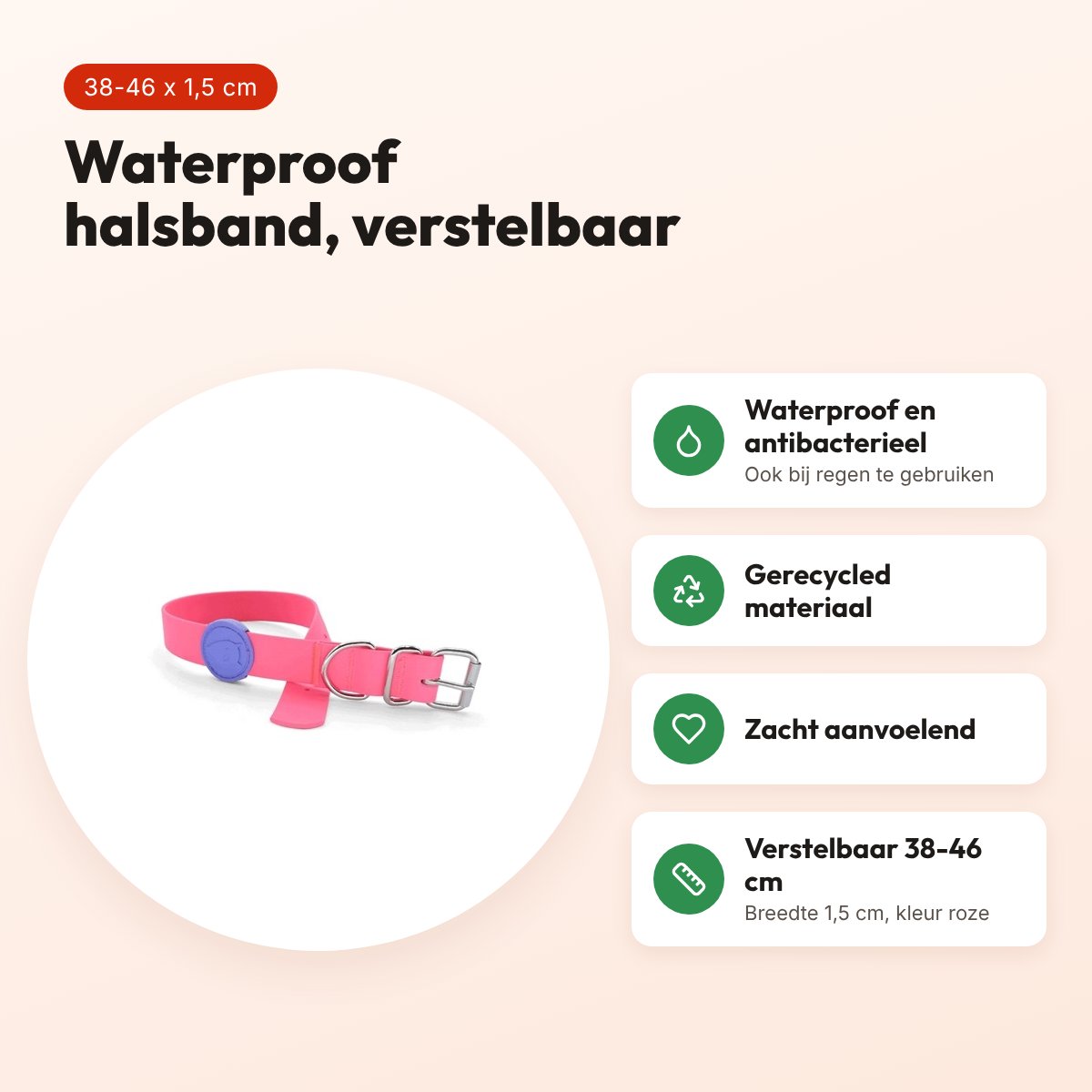 Morso halsband hond waterproof gerecycled roze 38-46 x 1,5 cm – voordelen