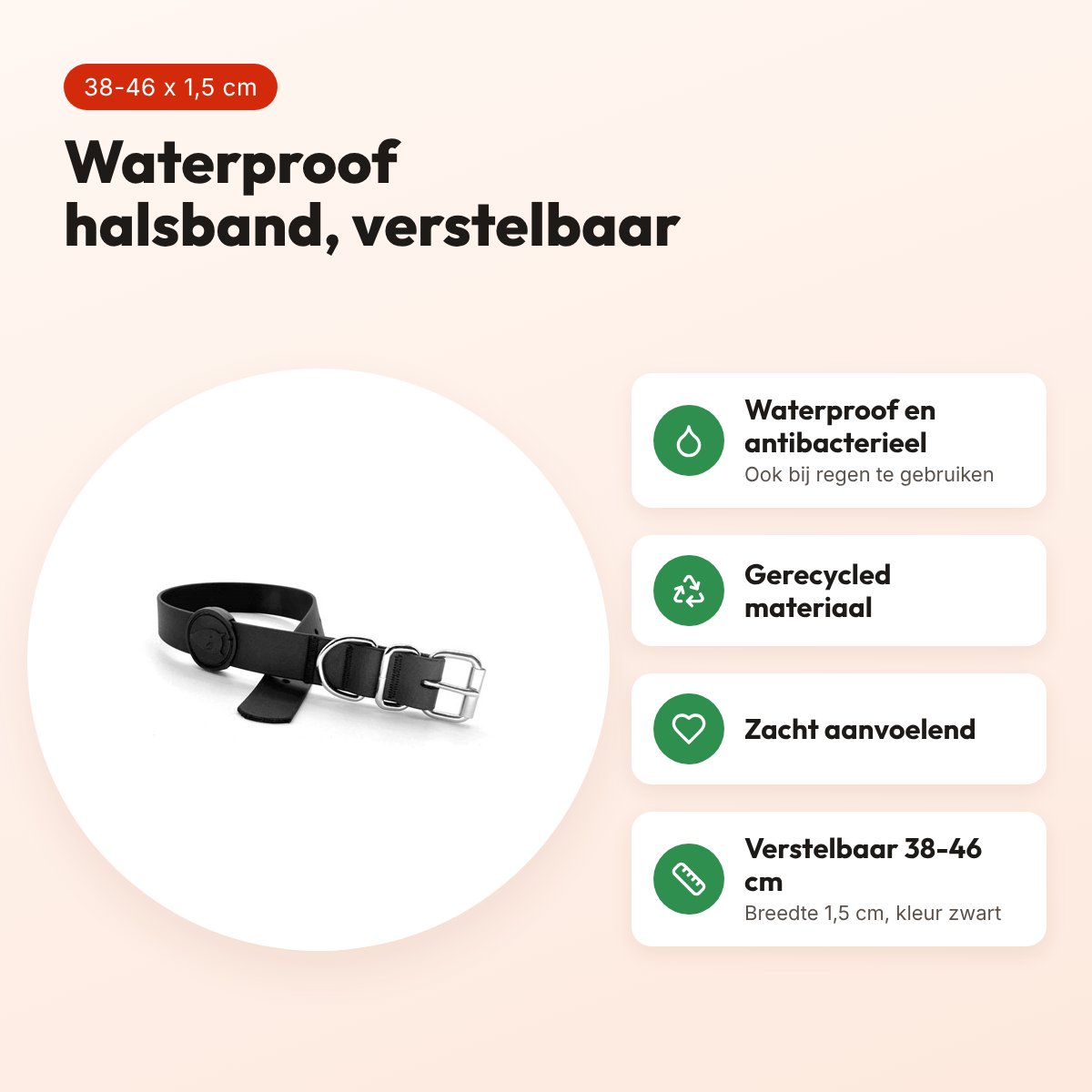 Morso halsband hond waterproof gerecycled zwart 38-46 x 1,5 cm – voordelen