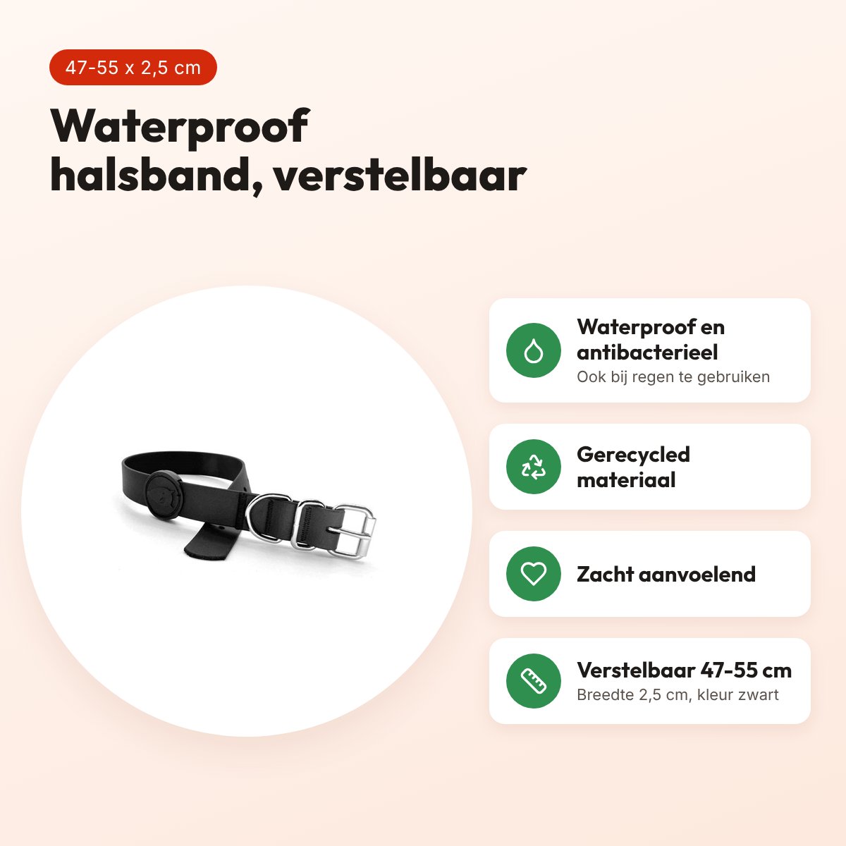 Morso halsband hond waterproof gerecycled zwart 47-55 x 2,5 cm – voordelen