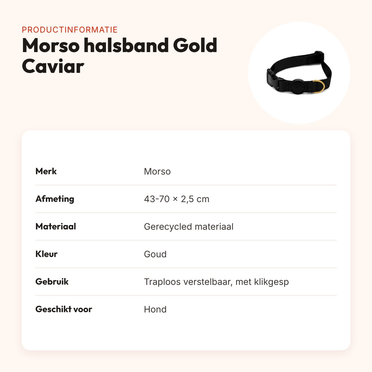 Morso hondenhalsband gerecycled Gold Caviar goud 43-70 x 2,5 cm – productinformatie