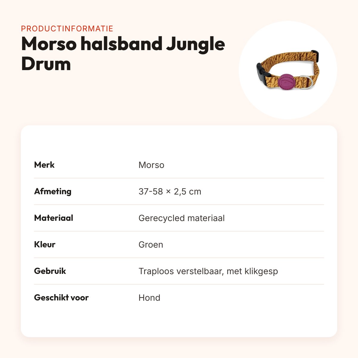 Morso hondenhalsband Jungle Drum groen 37-58 x 2,5 cm – gerecycled – productinformatie