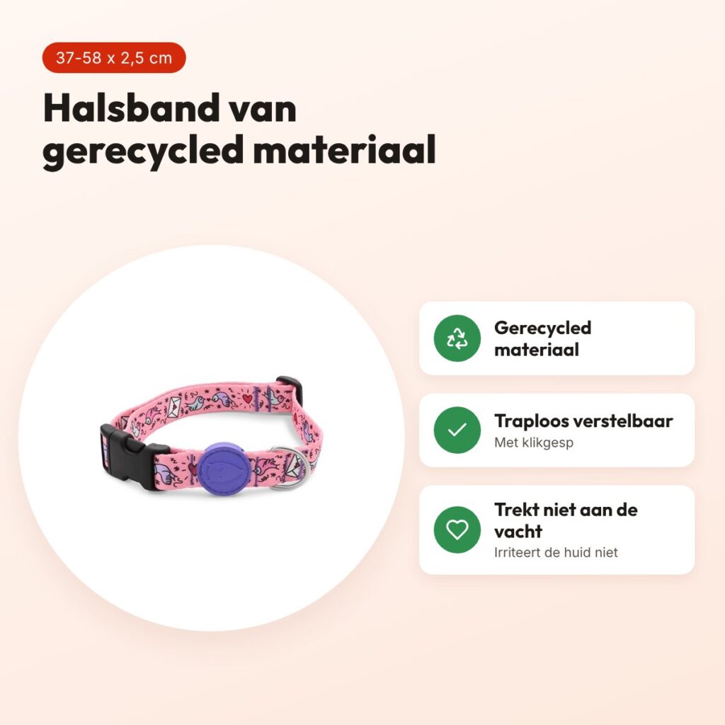 Morso hondenhalsband Sweet Tweet roze 37-58 x 2,5 cm – gerecycled – voordelen