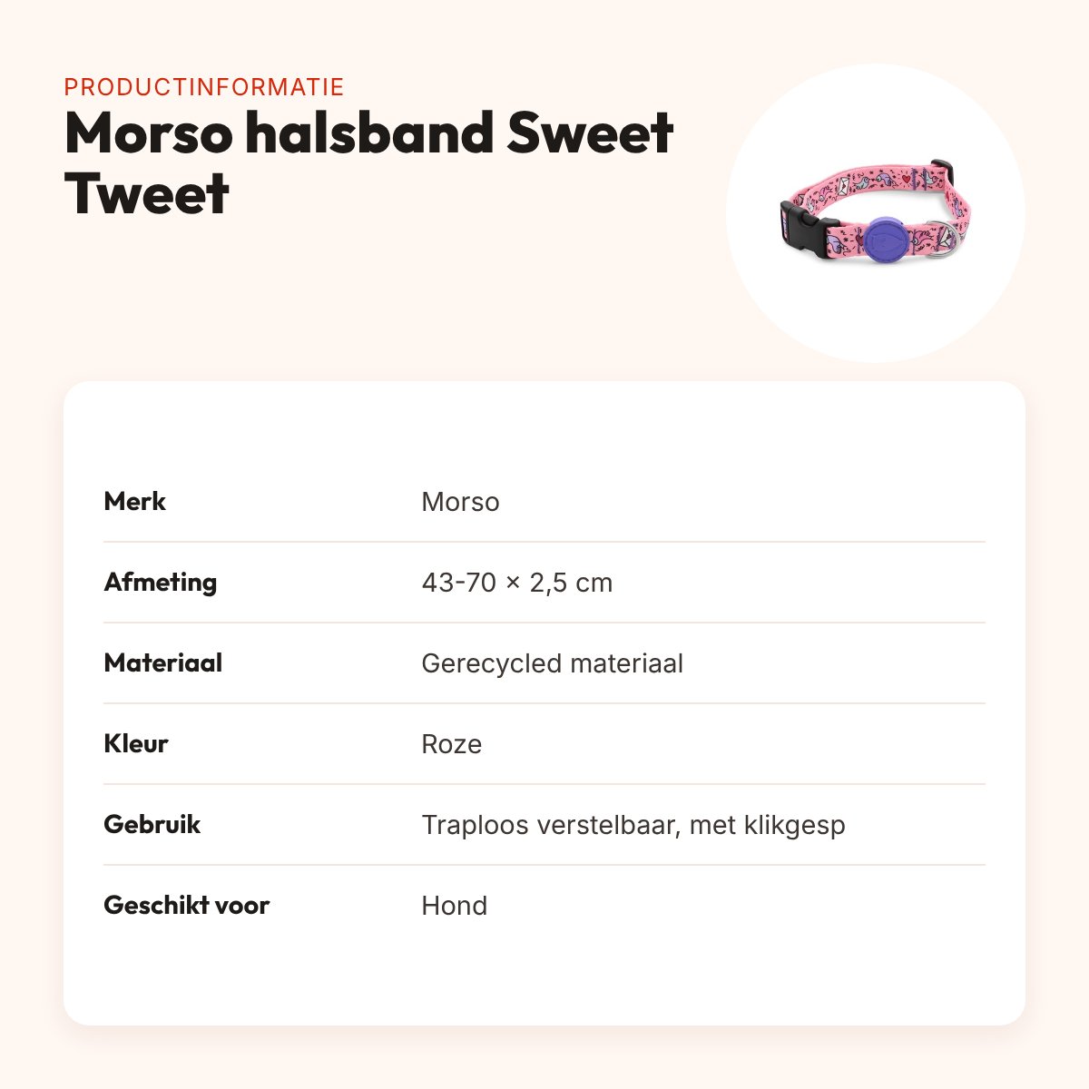 Morso hondenhalsband Sweet Tweet roze 43-70 x 2,5 cm – gerecycled – productinformatie