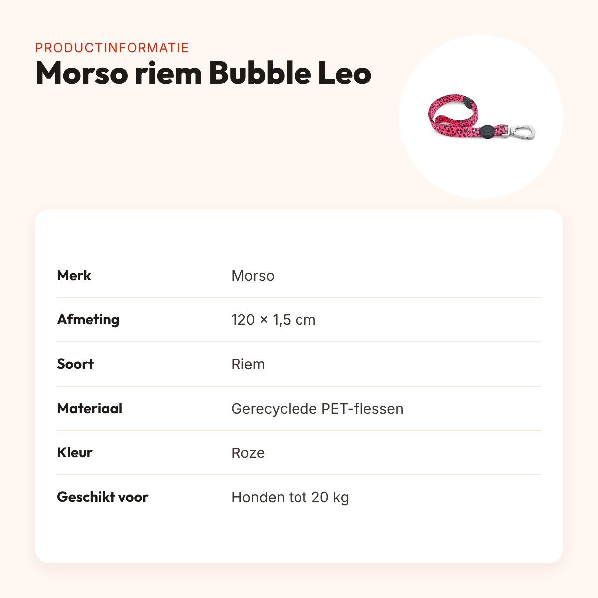 Morso hondenriem Bubble Leo roze 120 x 1,5 cm – gerecycled, tot 20 kg – productinformatie