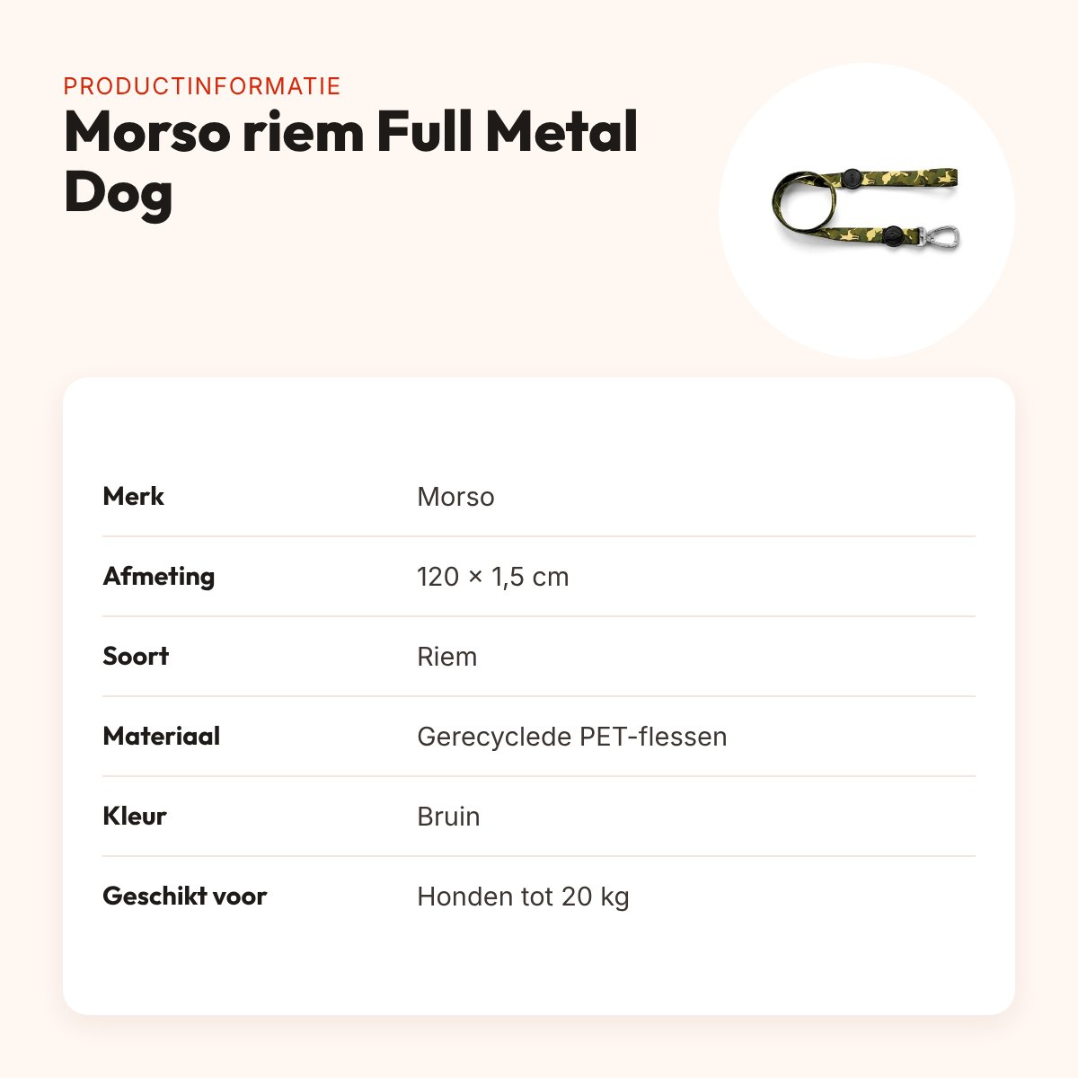 Morso hondenriem Full Metal Dog bruin 120 x 1,5 cm – gerecycled, tot 20 kg – productinformatie