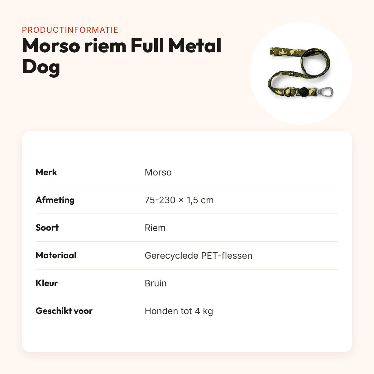 Morso hondenriem Full Metal Dog bruin 75-230 x 1,5 cm – tot 4 kg – productinformatie