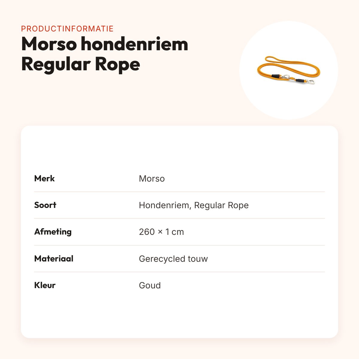 Morso hondenriem hands free Regular Rope goud 260 x 1 cm – productinformatie
