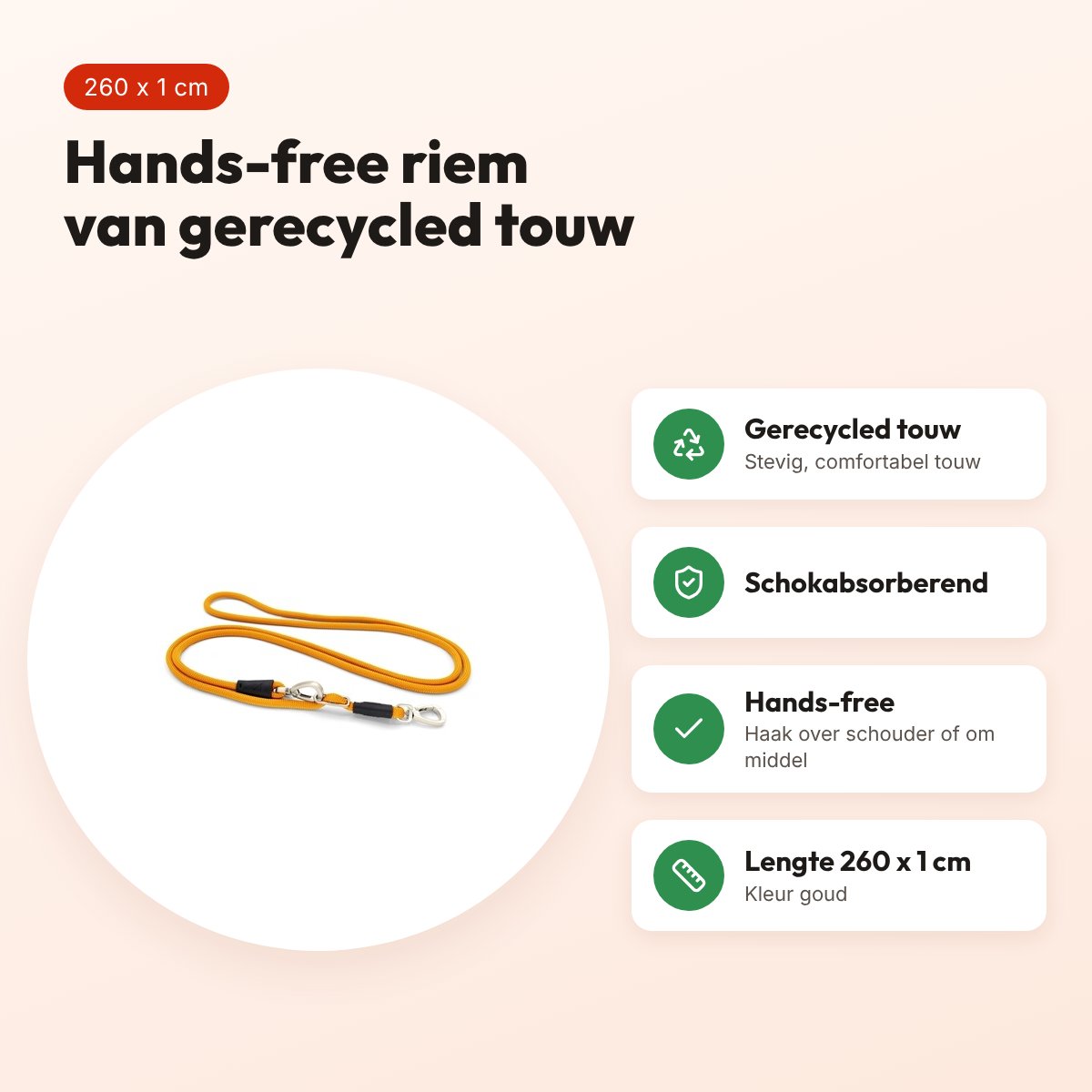 Morso hondenriem hands free Regular Rope goud 260 x 1 cm – voordelen