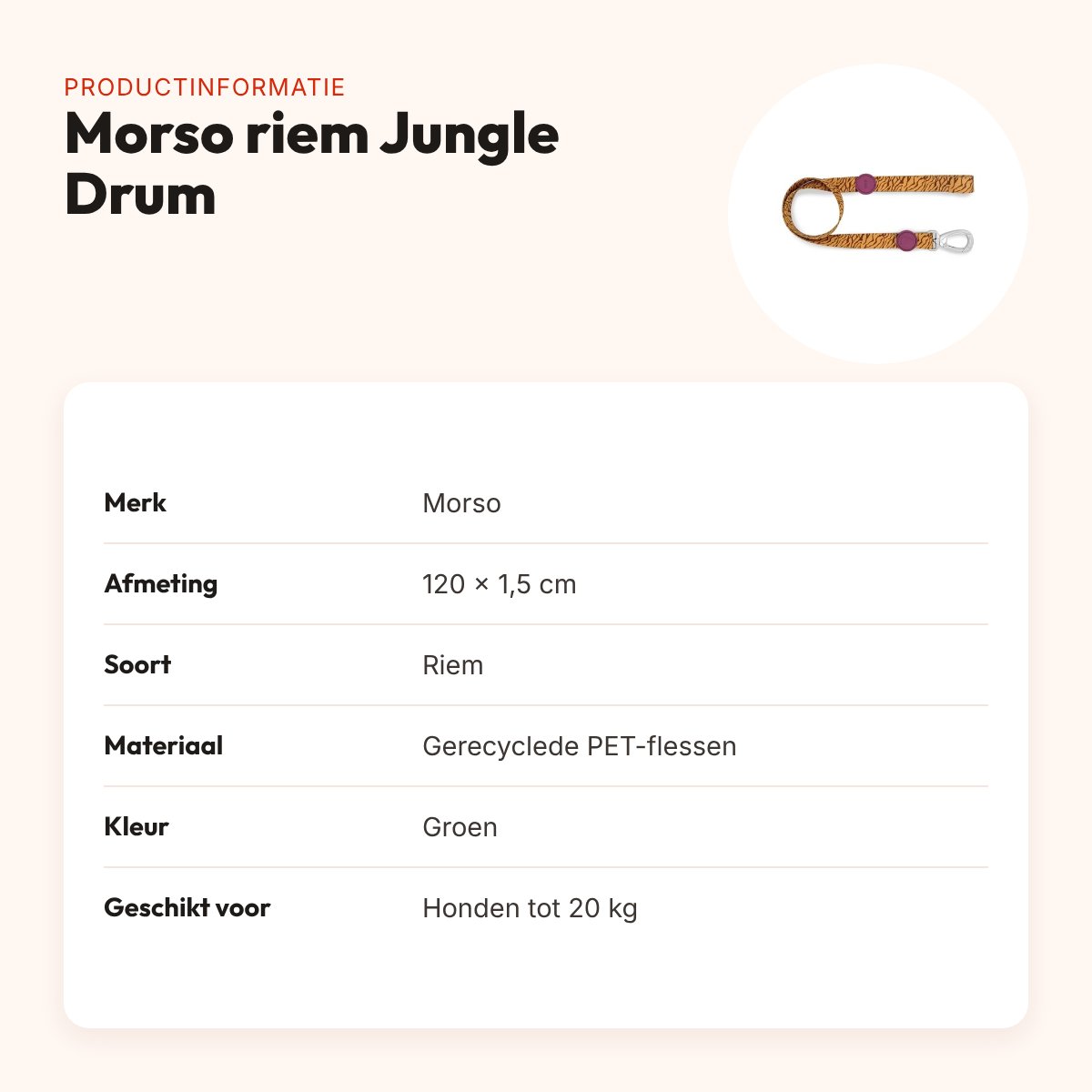 Morso hondenriem Jungle Drum groen 120 x 1,5 cm – gerecycled, tot 20 kg – productinformatie