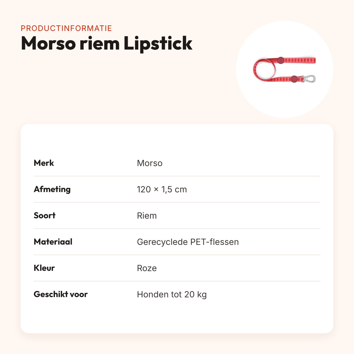 Morso hondenriem Lipstick roze 120 x 1,5 cm – gerecycled, tot 20 kg – productinformatie