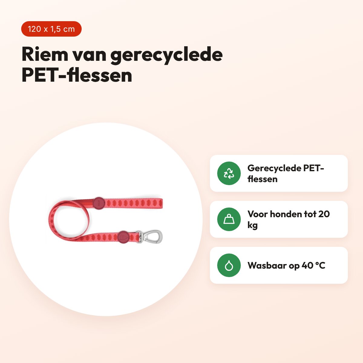Morso hondenriem Lipstick roze 120 x 1,5 cm – gerecycled, tot 20 kg – voordelen