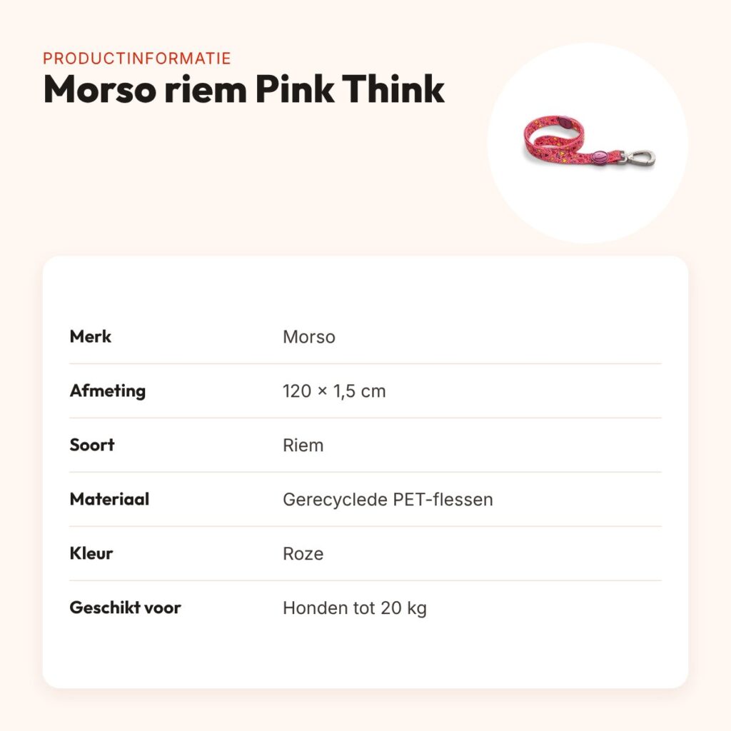 Morso hondenriem Pink Think roze 120 x 1,5 cm – gerecycled, tot 20 kg – productinformatie