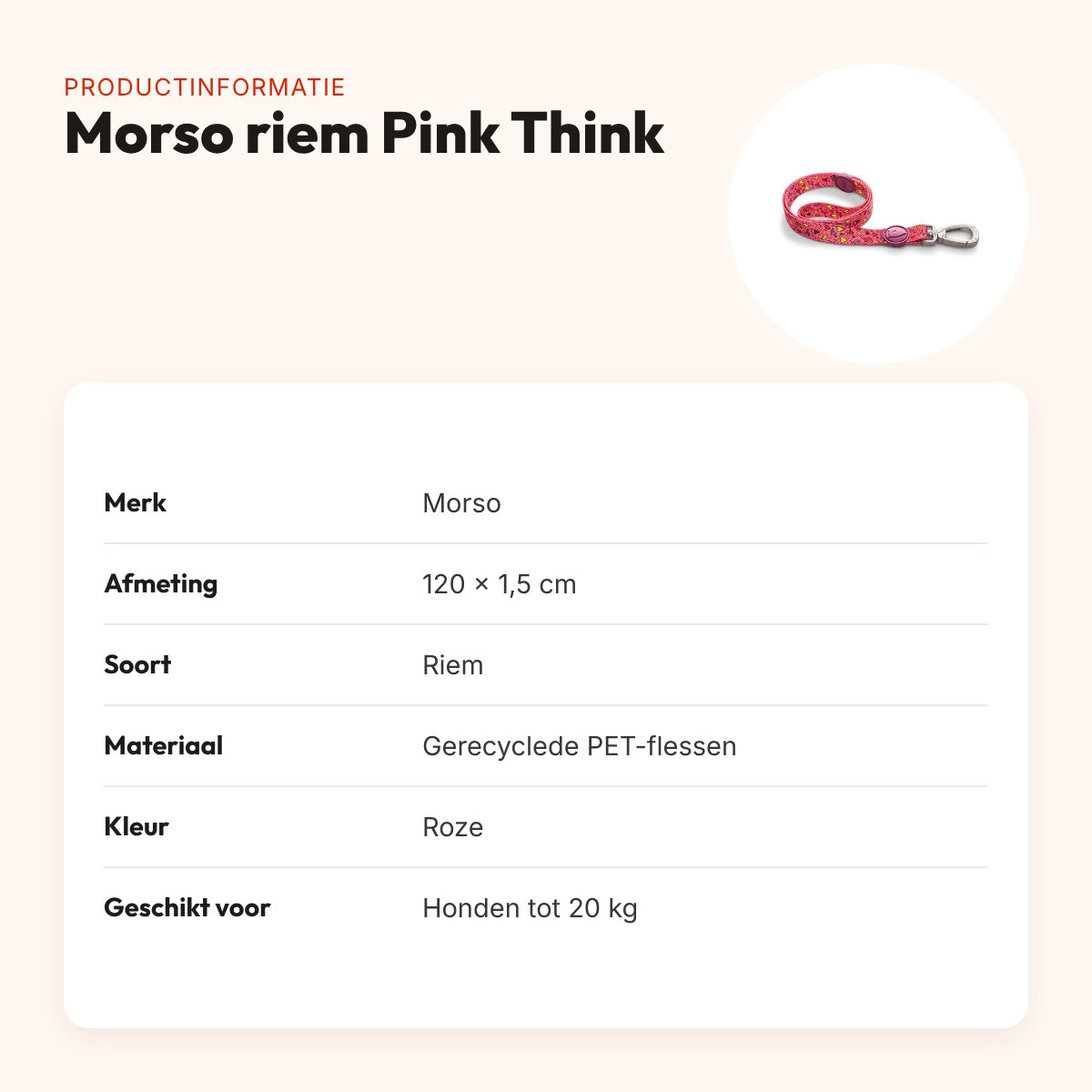 Morso hondenriem Pink Think roze 120 x 1,5 cm – gerecycled, tot 20 kg – productinformatie