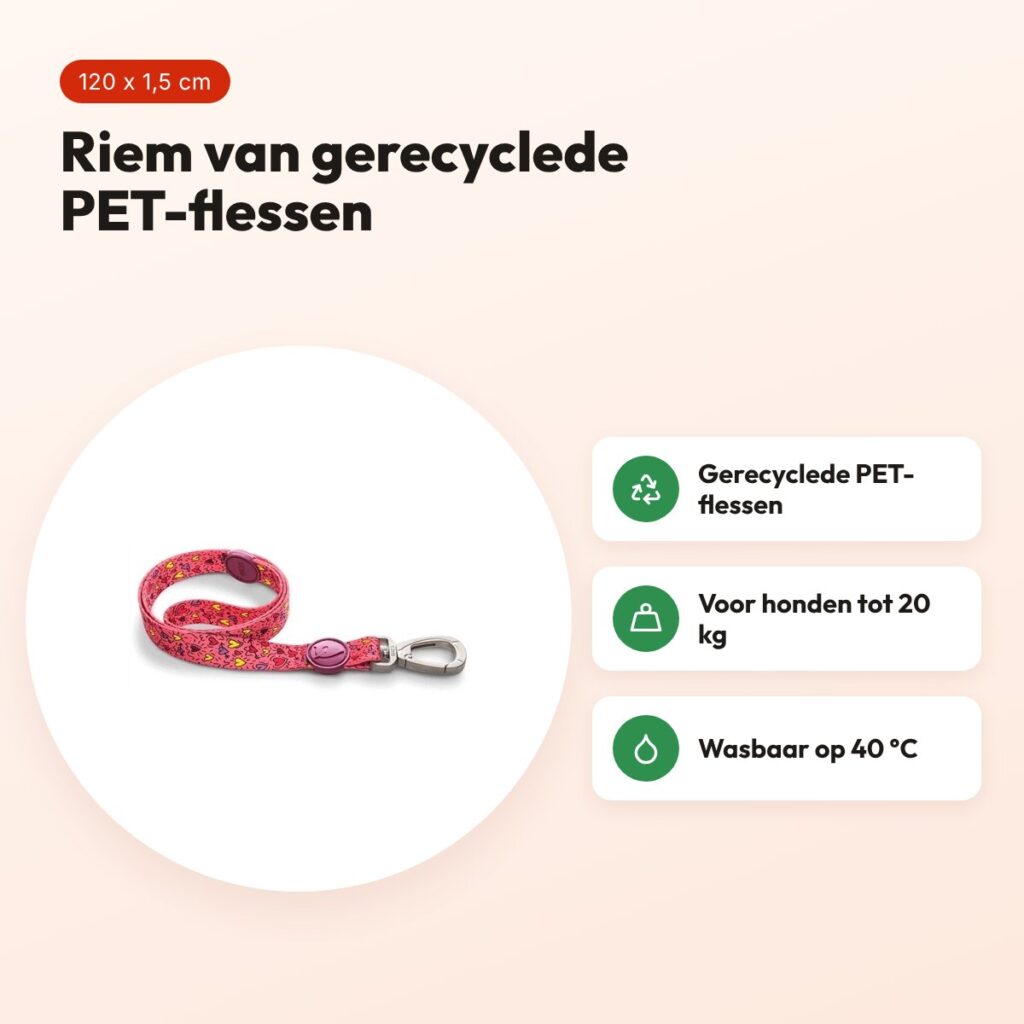Morso hondenriem Pink Think roze 120 x 1,5 cm – gerecycled, tot 20 kg – voordelen