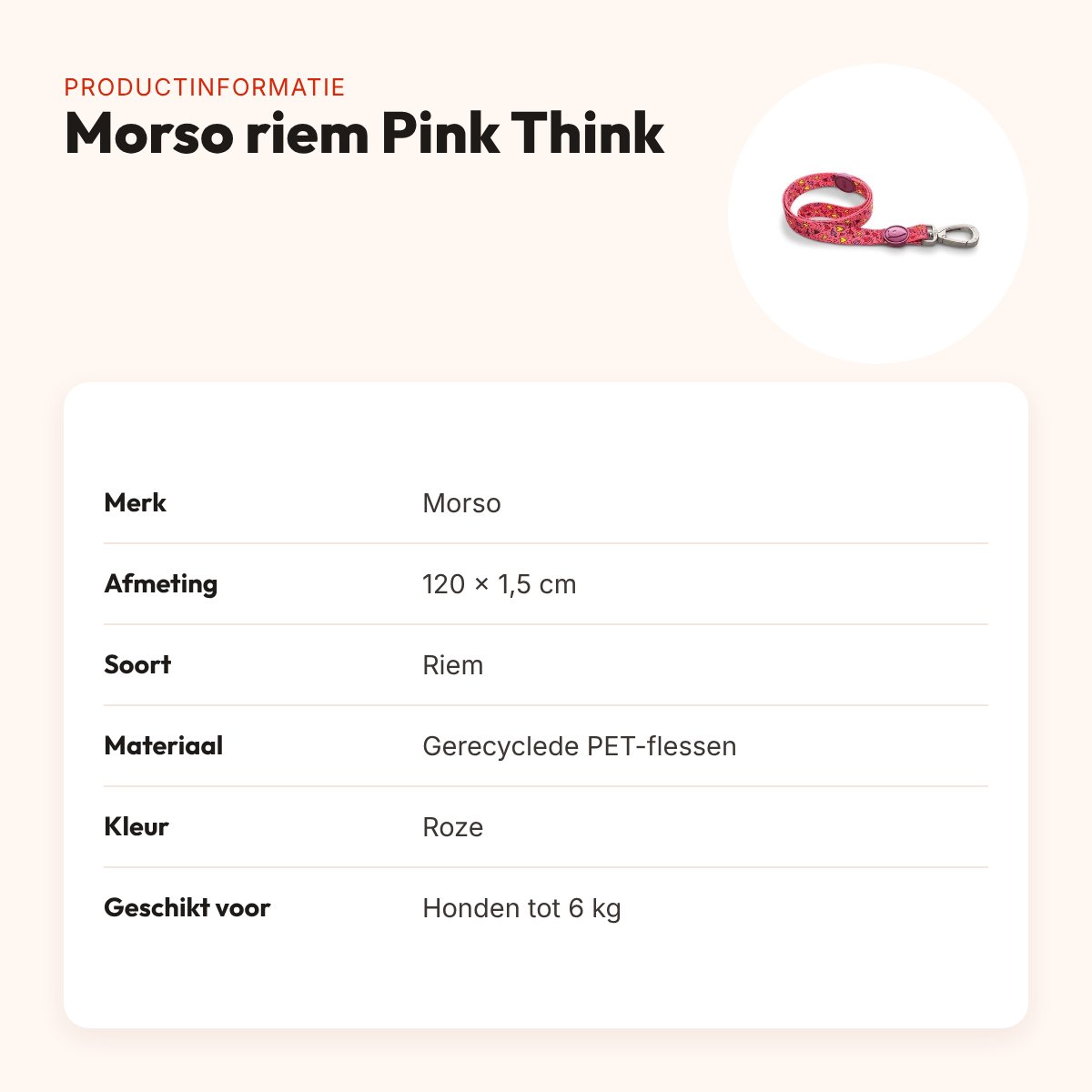 Morso hondenriem Pink Think roze 120 x 1,5 cm – gerecycled, tot 6 kg – productinformatie