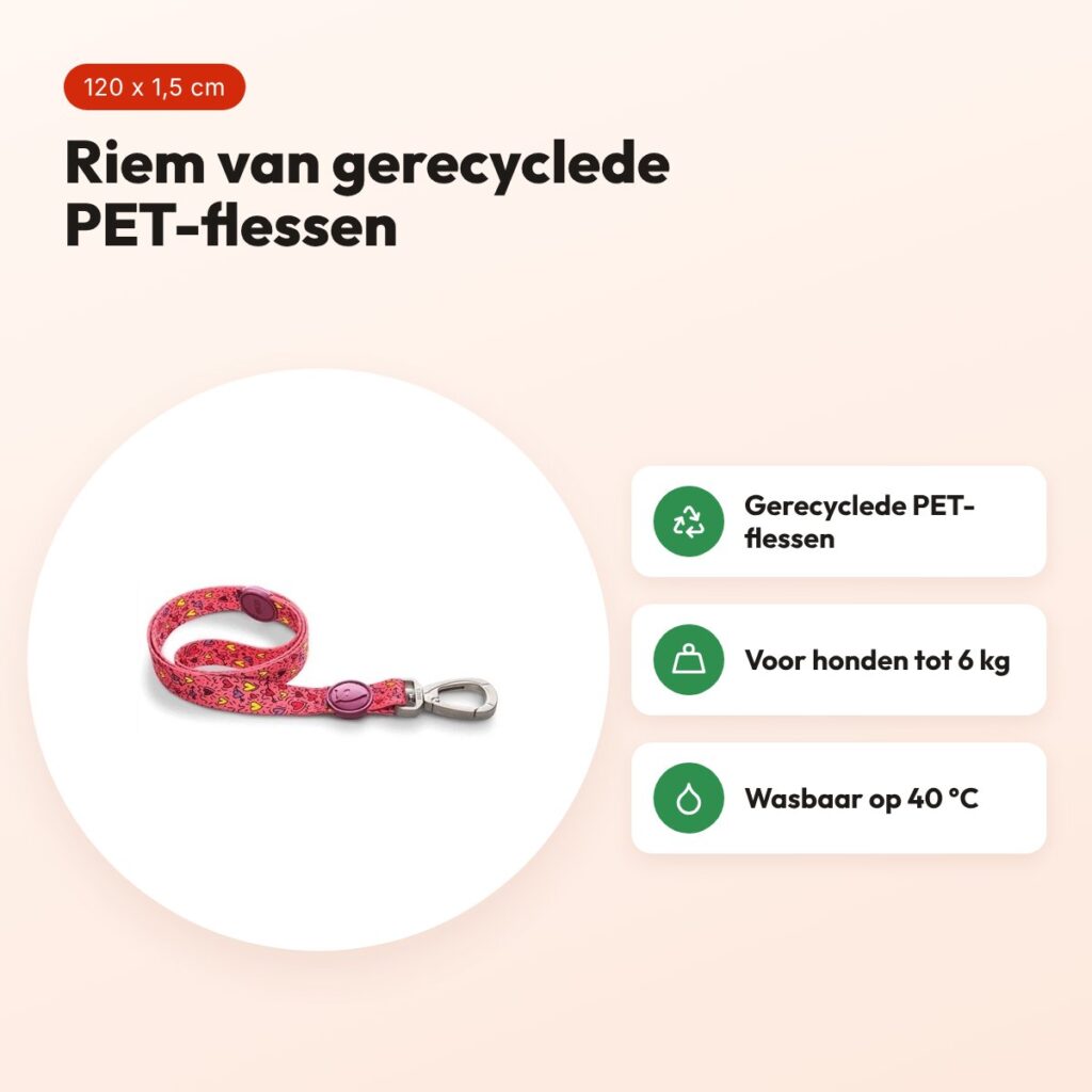 Morso hondenriem Pink Think roze 120 x 1,5 cm – gerecycled, tot 6 kg – voordelen